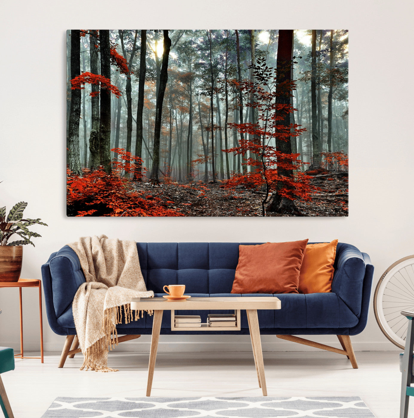 MGV-CV-36X24 - Autumn Forest Canvas Wall Art – Enchanting Red Leaves Triptych Print – Nature-Inspired Decor for