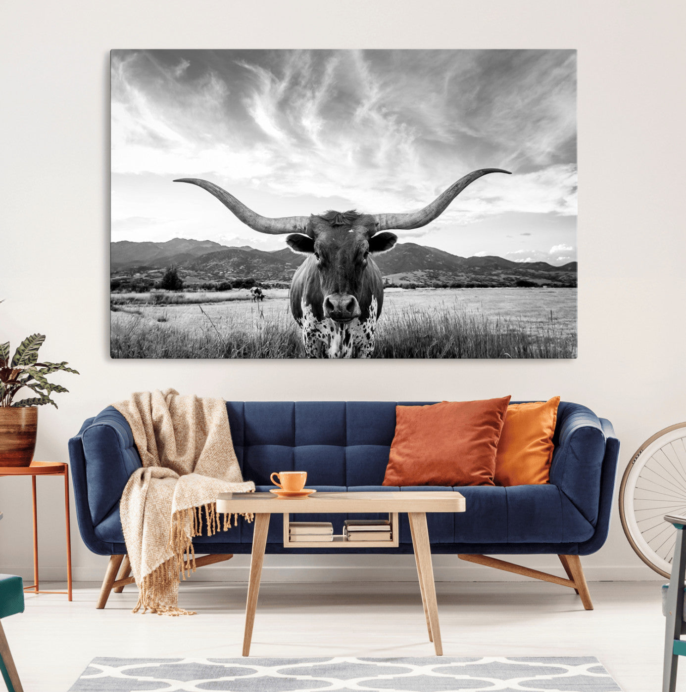 79527-MGV-CV-36X24-Longhorn Black and White Wall Art – Rustic Western Bull Canvas Print, Farmhouse Country Decor for Living Room, Office or Ranch, Cowboy Wall Artwork