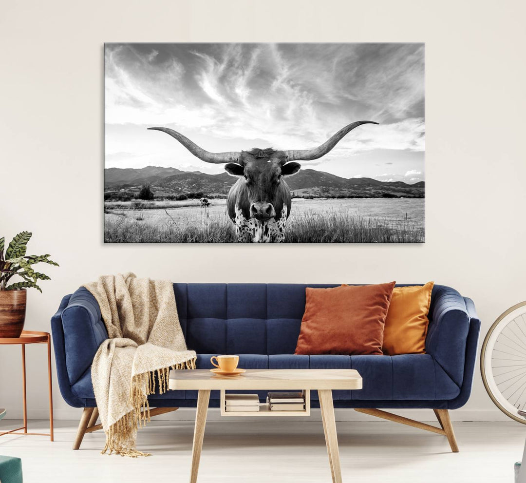 Longhorn Cow Wall Art Canvas Print Farmhouse Wall Art - Texas Longhorn Wall Art Print