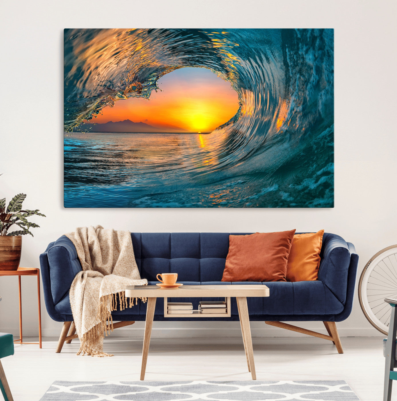 MGV-CV-36X24 - Ocean Wave Sunset Wall Art | Large Coastal Wave Canvas Print | 3-Panel Ocean Sunset Seascape for