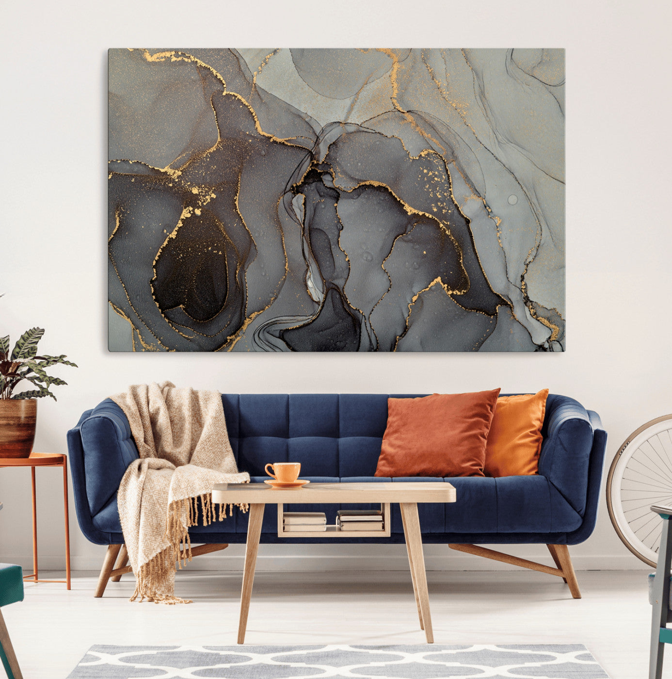 16762-MGV-CV-36X24-Gray Marble Fluid Effect Wall Art Abstract Canvas Wall Art Print