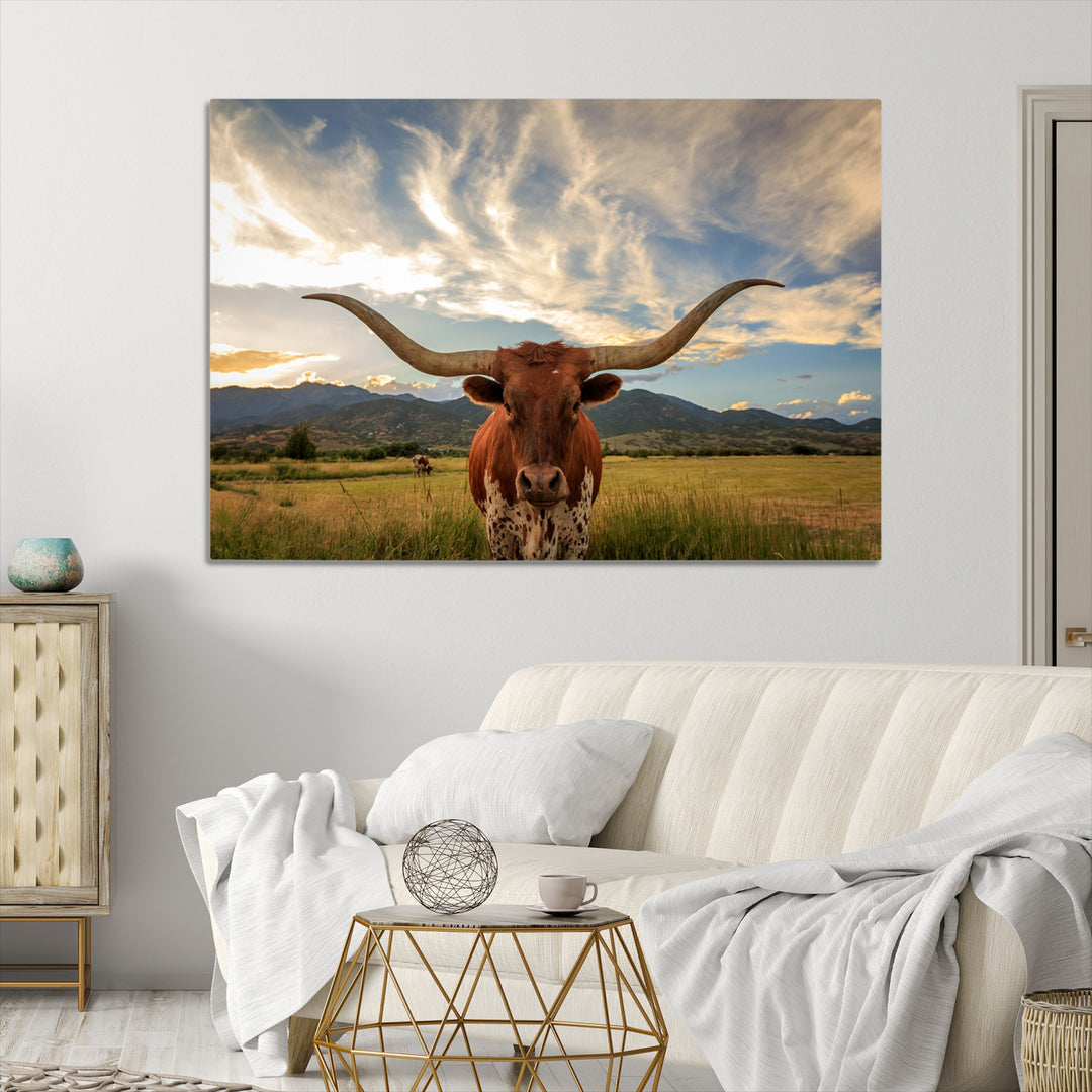 Texas Longhorn Canvas Wall Art – Majestic Triptych Animal Print – Rustic Western Decor for Living Room or Office – Ready to Hang