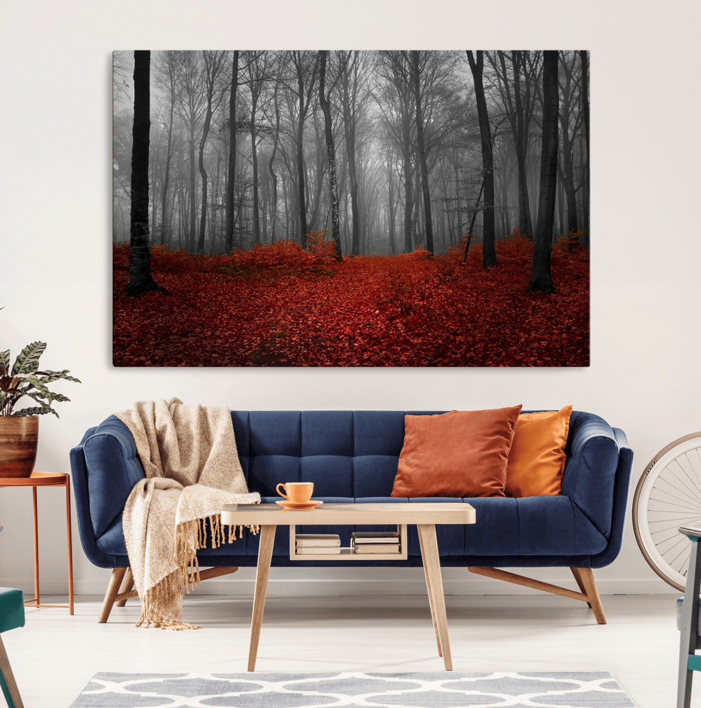 -Red Forest Floor Canvas Wall Art – Mystical Foggy Woodland Triptych – Nature-Inspired Decor for