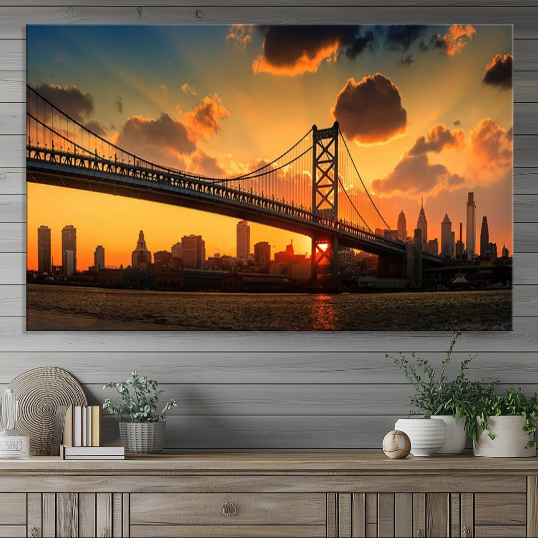 The Philadelphia Ben Franklin Bridge Wall Art Canvas Print radiates charm, embodying the beauty of premium canvas. This handmade-in-the-USA artwork captures attention with its distinct presence.