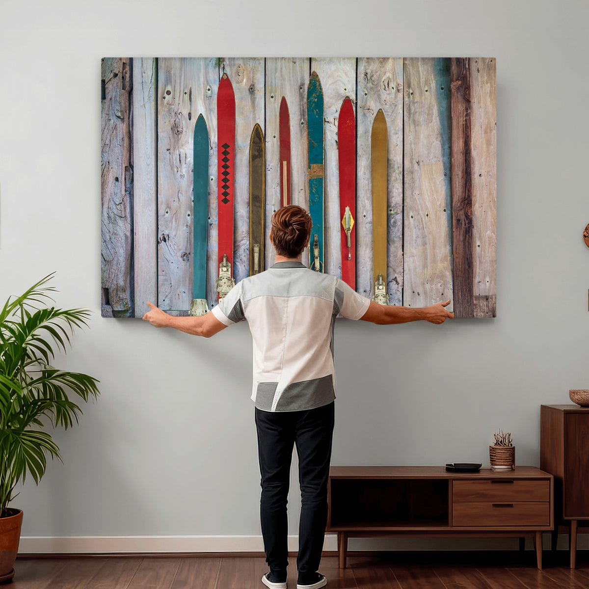 30640-MGV-CV-36X24 - Vintage Wooden Weathered Skis in Front of an Old Barn Wall Art Canvas Print