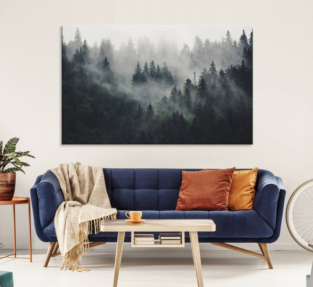 The Serene Triptych Print features tall evergreens, creating a mysterious and calming atmosphere.