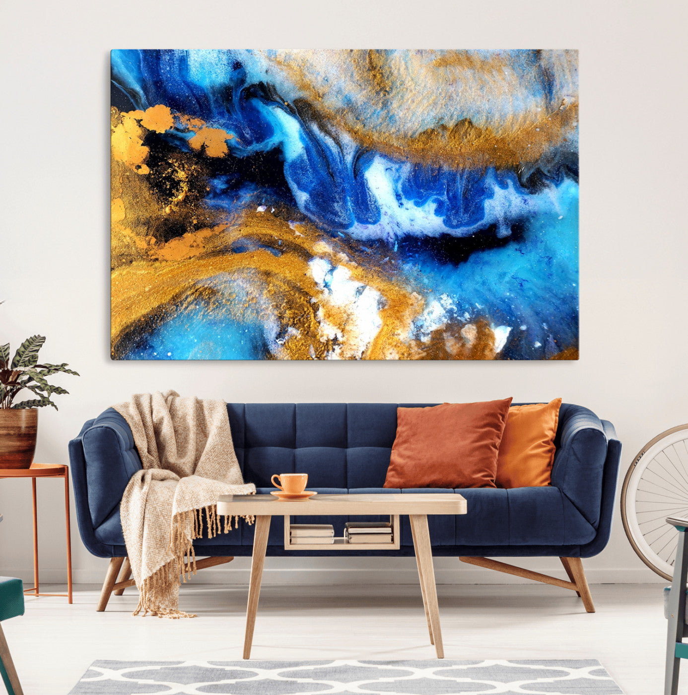 MGV-CV-36X24 - Blue Orange Marble Fluid Effect Canvas Wall Art Print