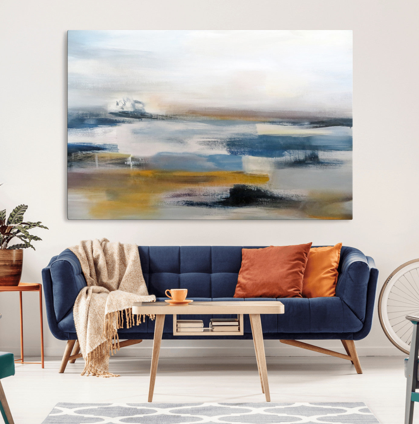 MGV-CV-36X24 - Abstract Landscape Wall Art Canvas | 3 Panel Modern Blue, Gold, and White Canvas Art for Living