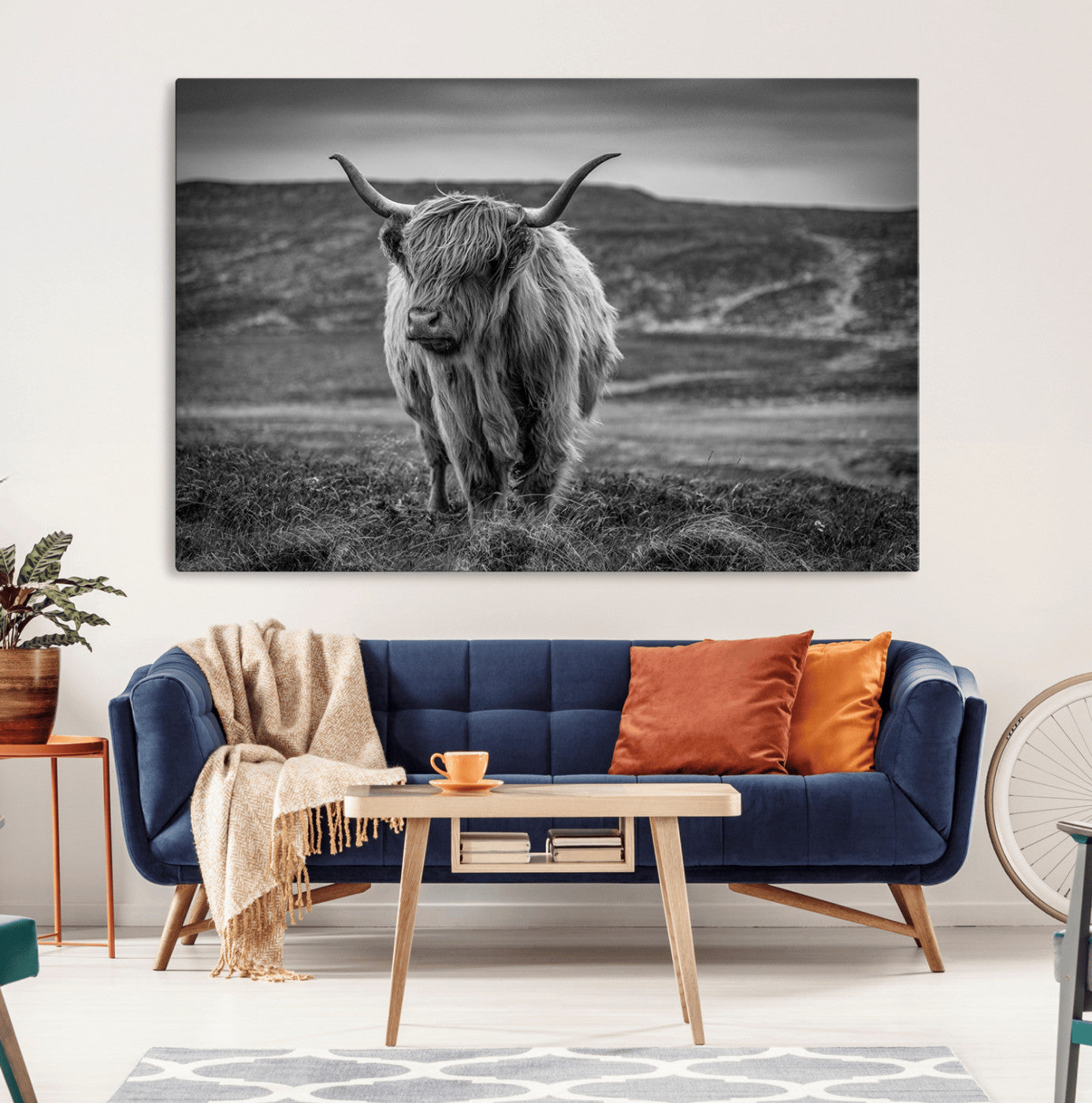 MGV-CV-36X24 - Fluffy Cattle Wall Art Print, Highland Cow Canvas, Framed Black and white Wall Art