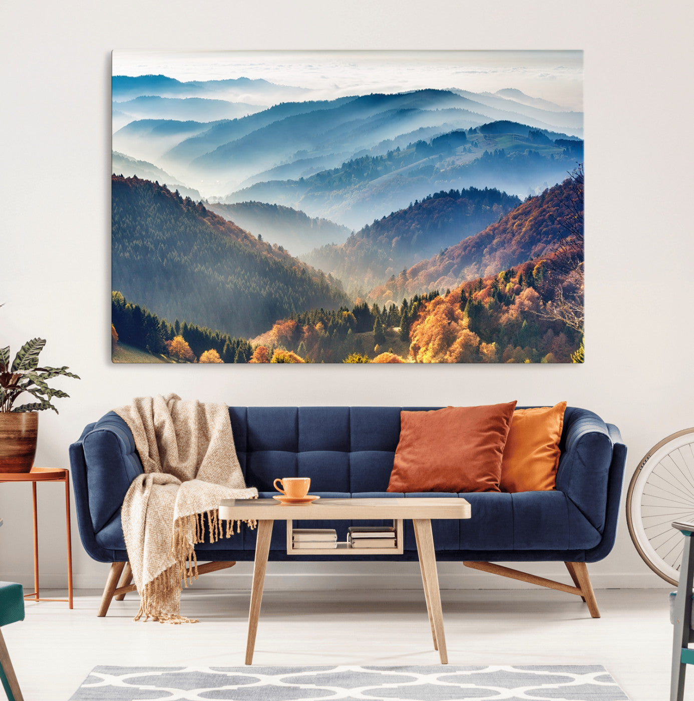 MGV-CV-36X24 - Misty Mountain Sunrise Triptych Canvas Print – Autumn Landscape Wall Art – Scenic Nature Decor –