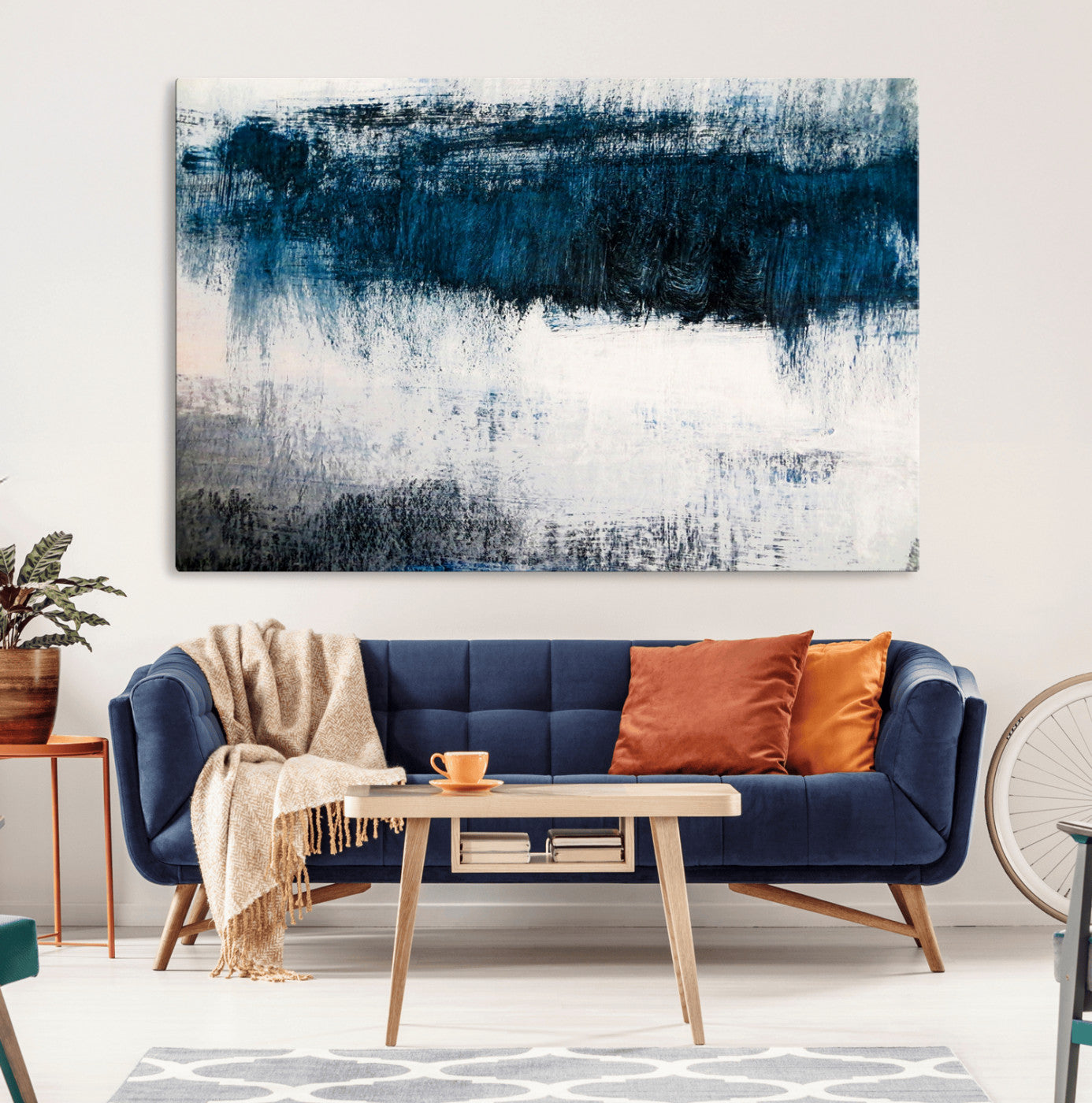 -Abstract Blue and White Canvas Art | Large Wall Art for Modern Living Room Decor | Minimalist
