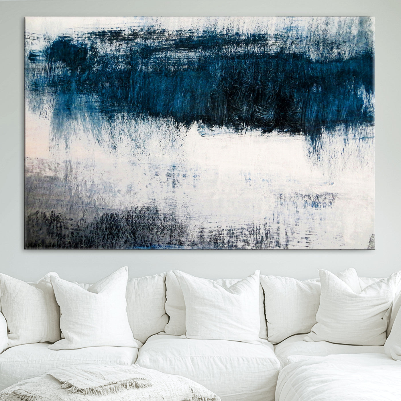 38954-MGV-CV-36X24-Abstract Blue and White Canvas Art | Large Wall Art for Modern Living Room Decor | Minimalist Brushstroke Painting on Canvas