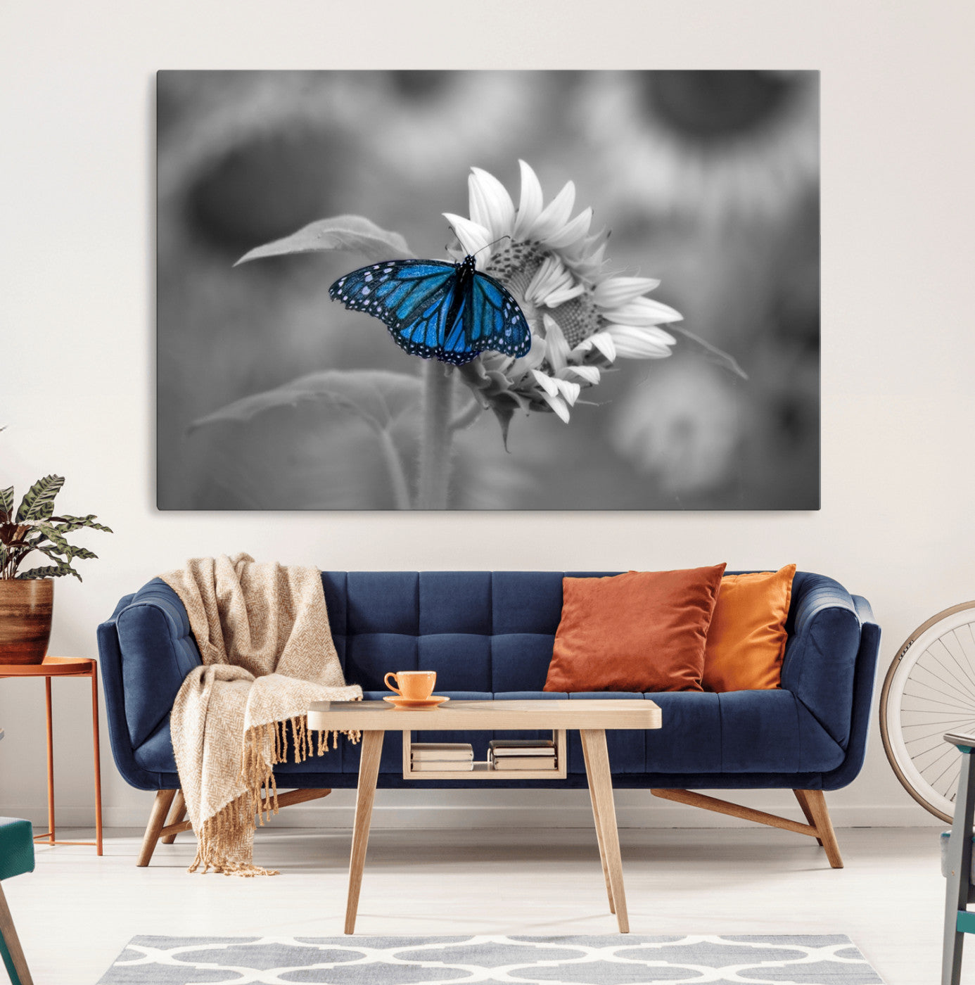 41965-MGV-CV-36X24-Blue Butterfly Black and White Canvas Wall Art