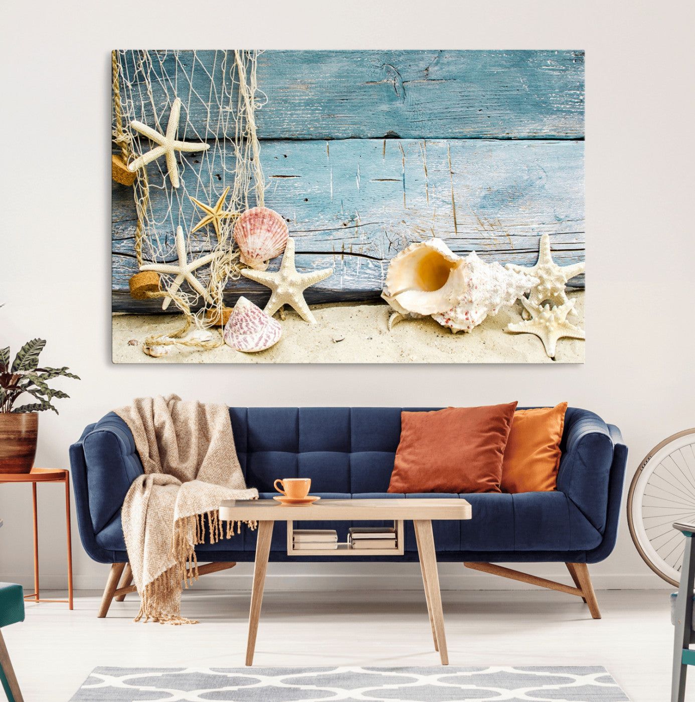 MGV-CV-36X24 - Seashells on Rustic Wooden Background, Seashells Wall Art Canvas Print