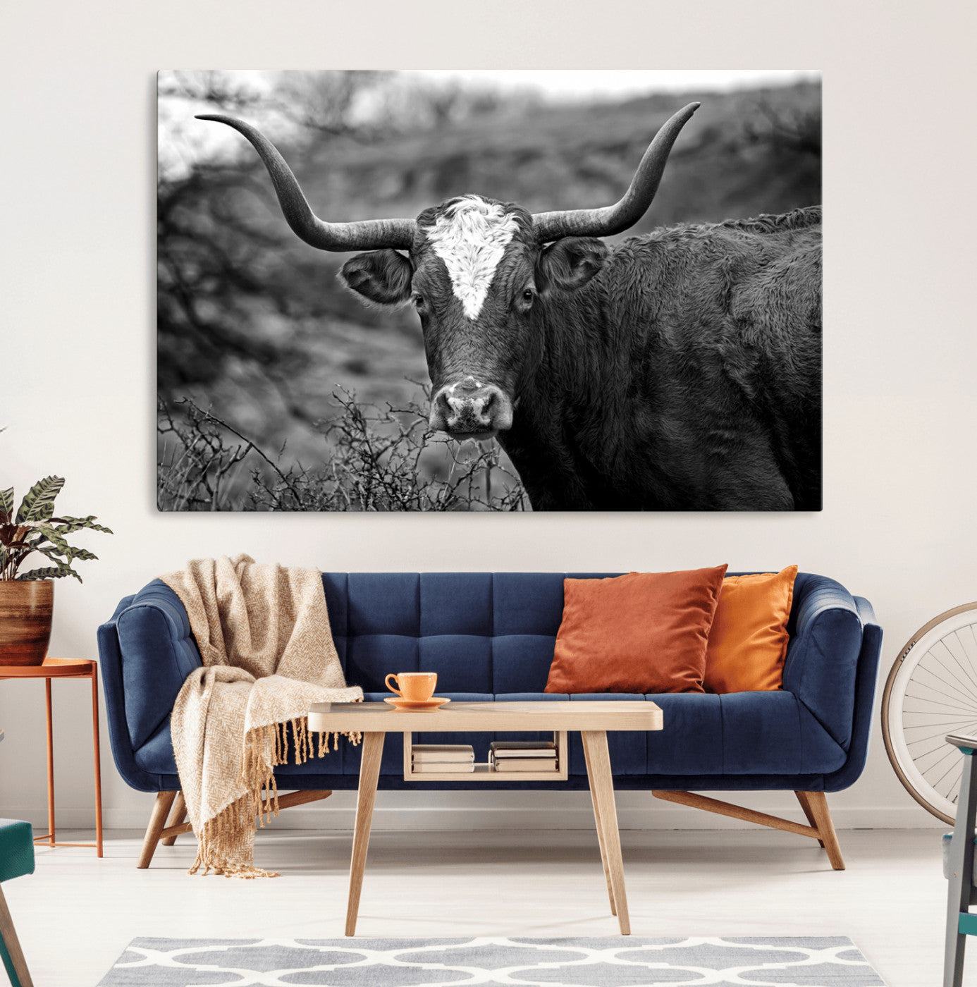 MGV-CV-36X24 - Western Home Wall Art Canvas Print, Framed Texas Longhorn Art Picture Print, Rustic Cow Perfect Rustic Farmhouse Decor Artwork