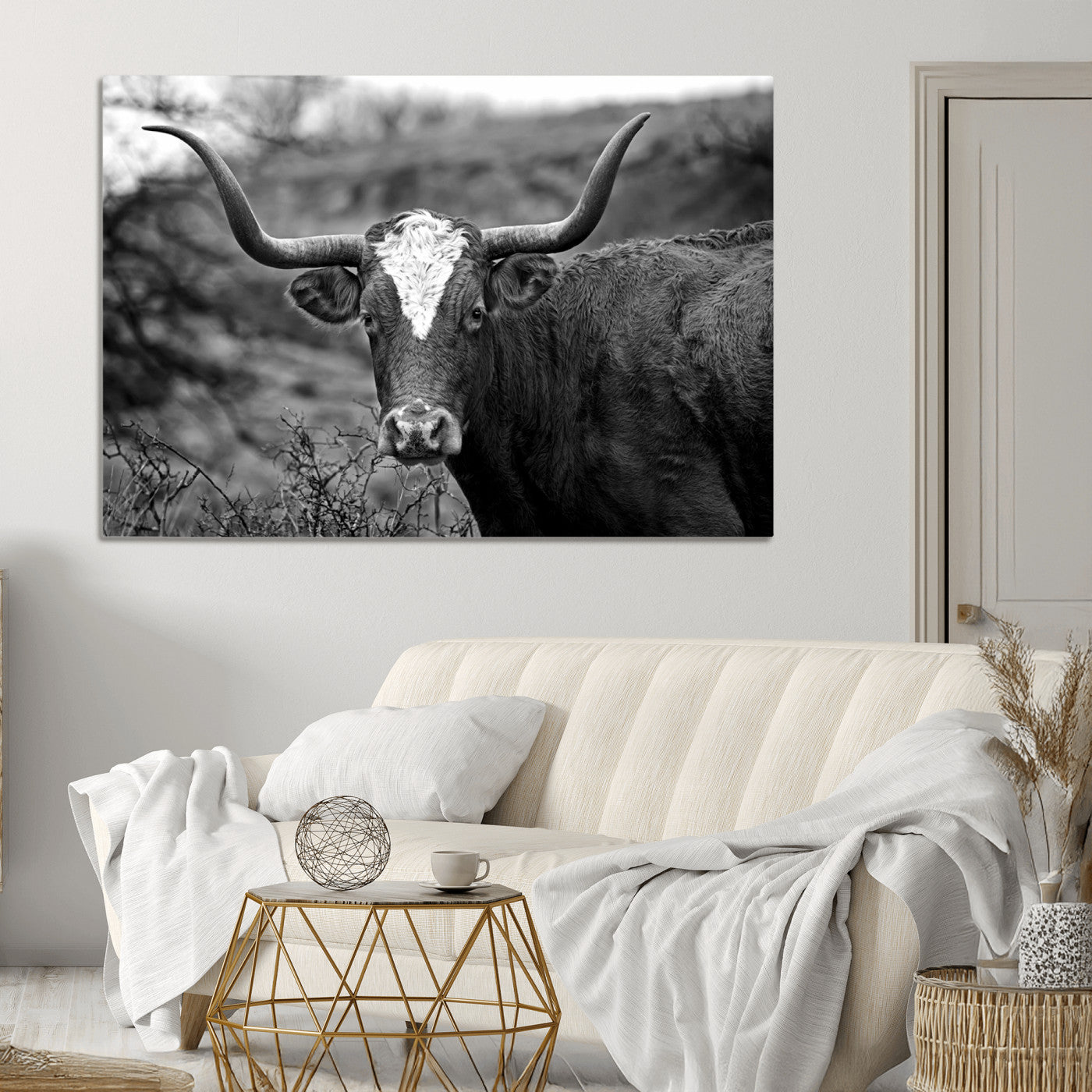 76200-MGV-CV-36X24-Western Home Wall Art Canvas Print, Framed Texas Longhorn Art Picture Print, Rustic Cow Perfect Rustic Farmhouse Decor Artwork