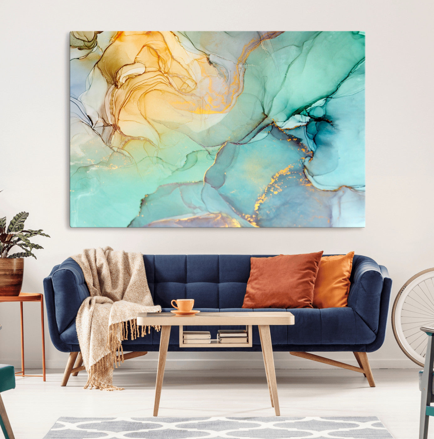 MGV-CV-36X24 - Abstract Aqua and Gold Fluid Wall Art Canvas | 3 Panel Large Canvas Print for Living Room, Office,