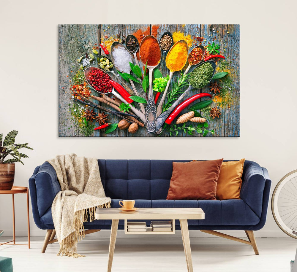 Vibrant Spoonful of Spices kitchen wall art canvas, a culinary triptych ideal for any dining room decor.