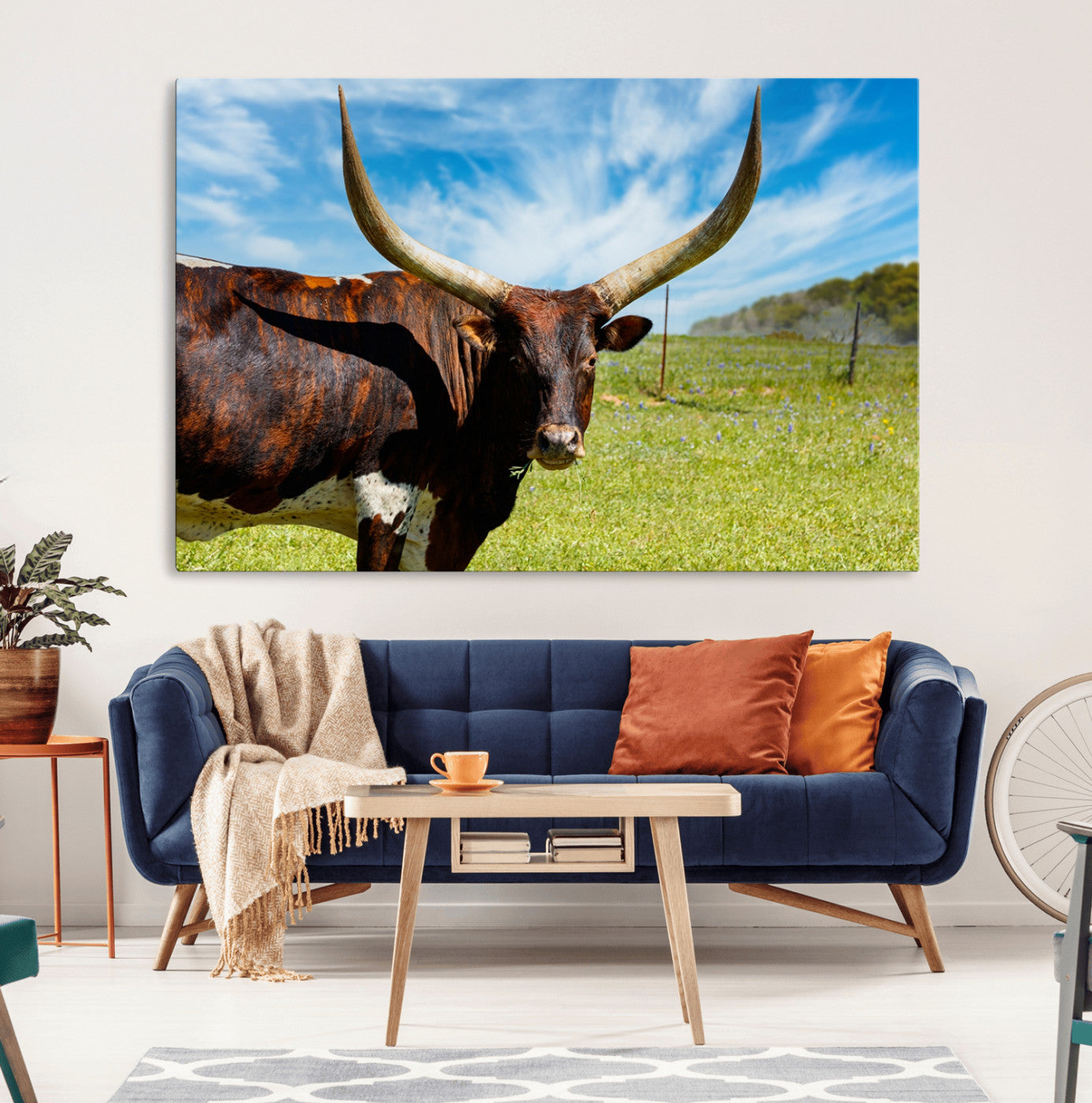 MGV-CV-36X24 - Longhorn and Cow Wall Art, Country Cow Wall Decor Canvas Print