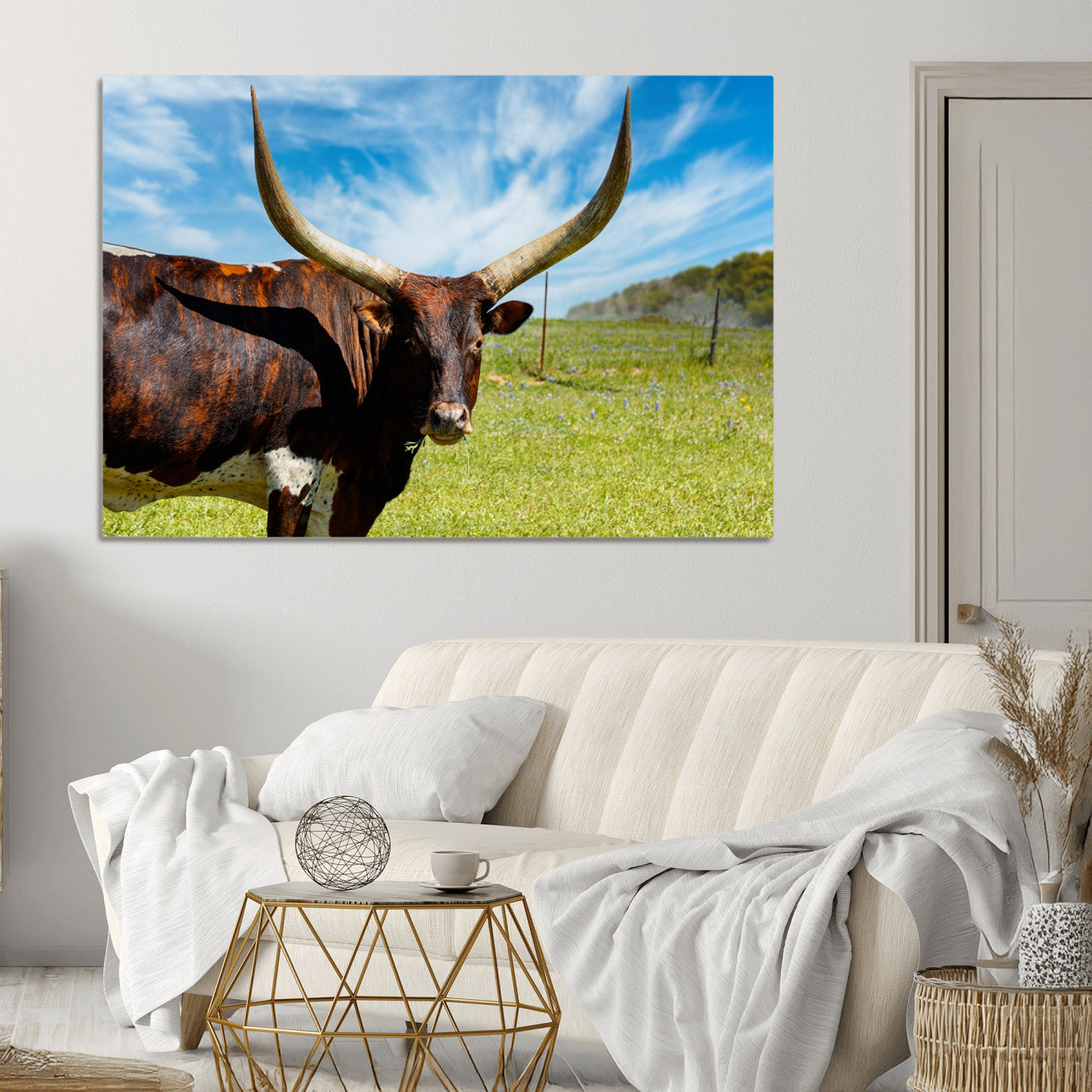 47037-MGV-CV-36X24-Longhorn and Cow Wall Art, Country Cow Wall Decor Canvas Print