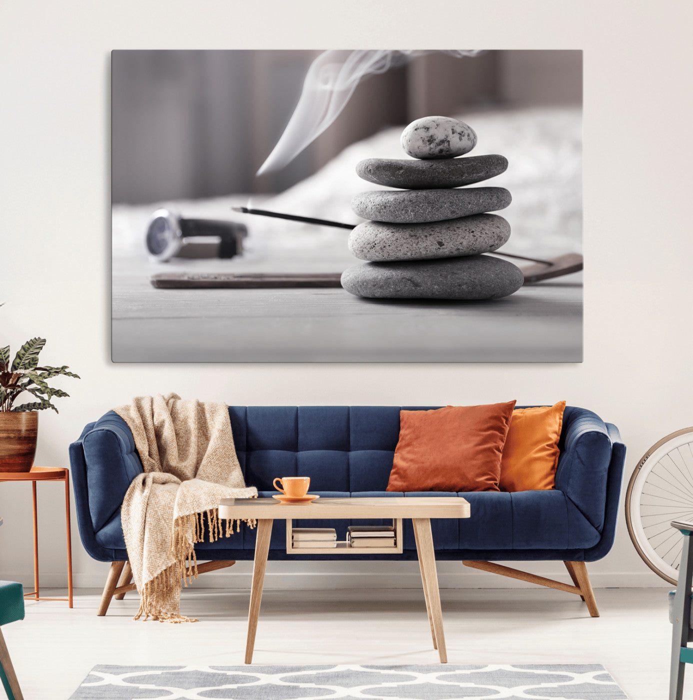 50072-MGV-CV-36X24-Burning Incense and Zen Stones Buddhism Wall Art, Zen Stones Wall Art Canvas Print