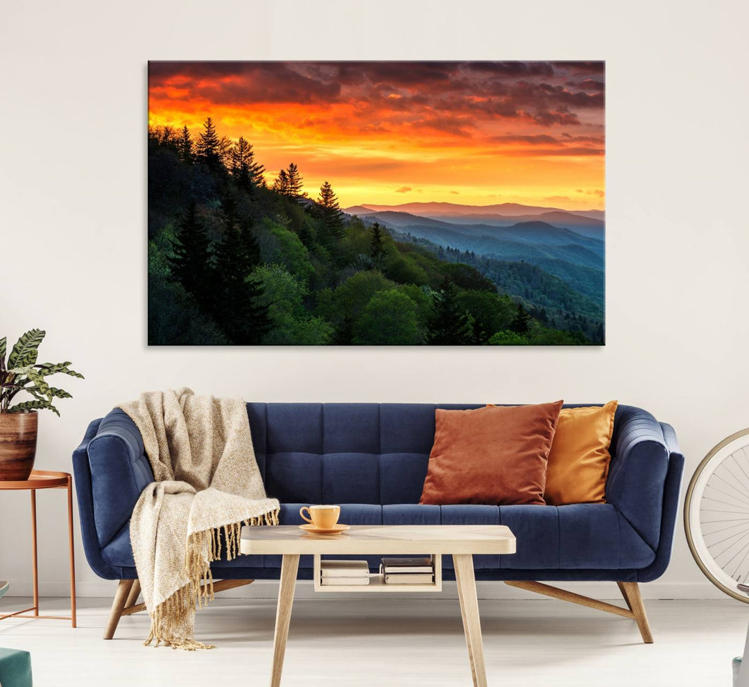 The Great Smoky Mountains Sunset Wall Art, a 3-panel print, beautifully captures natures beauty and is perfect for living room or office decor.