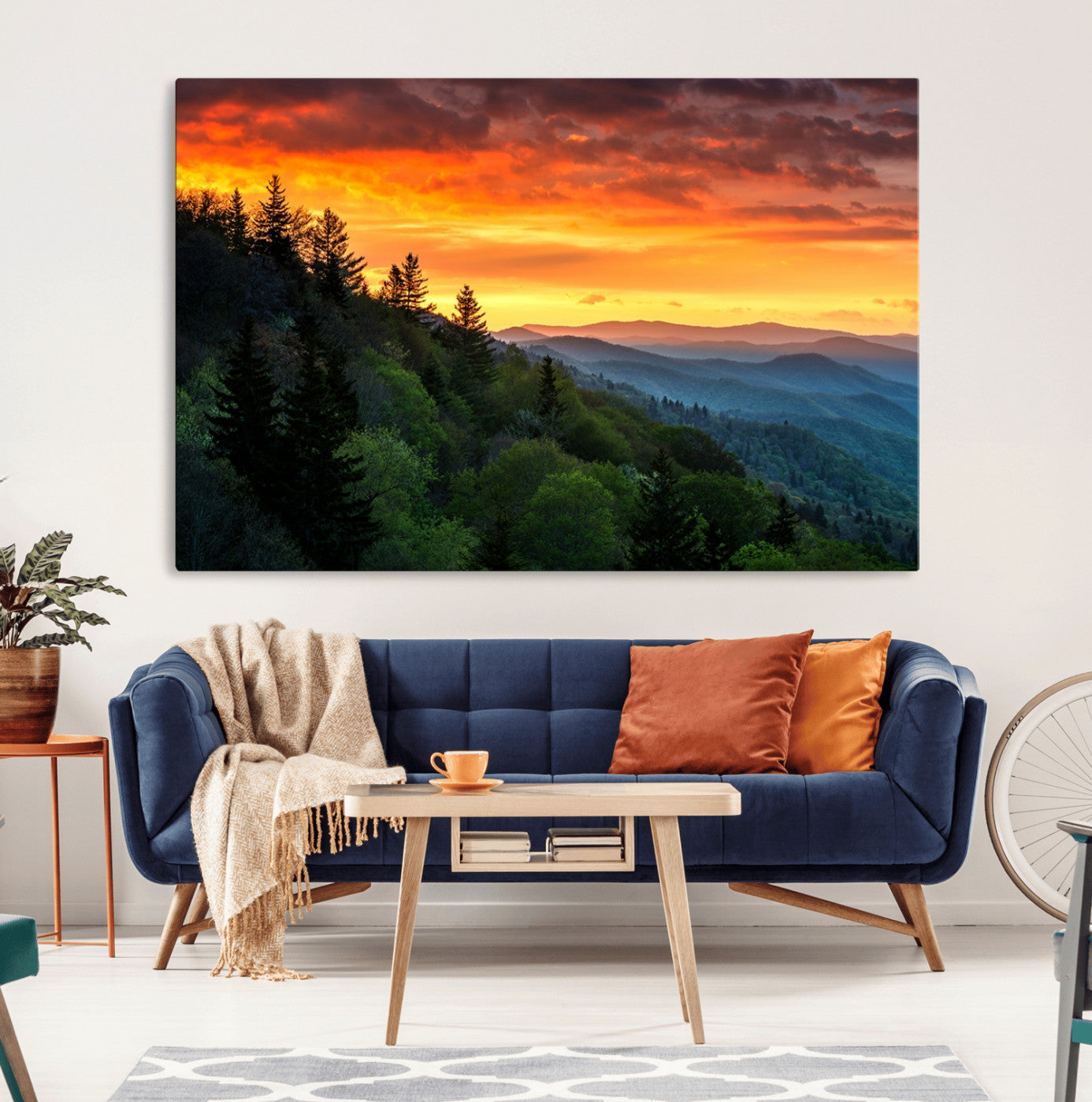 28501-MGV-CV-36X24-Great Smoky Mountains Sunset Wall Art Canvas Print | 3 Panel Large Nature Landscape Photography for