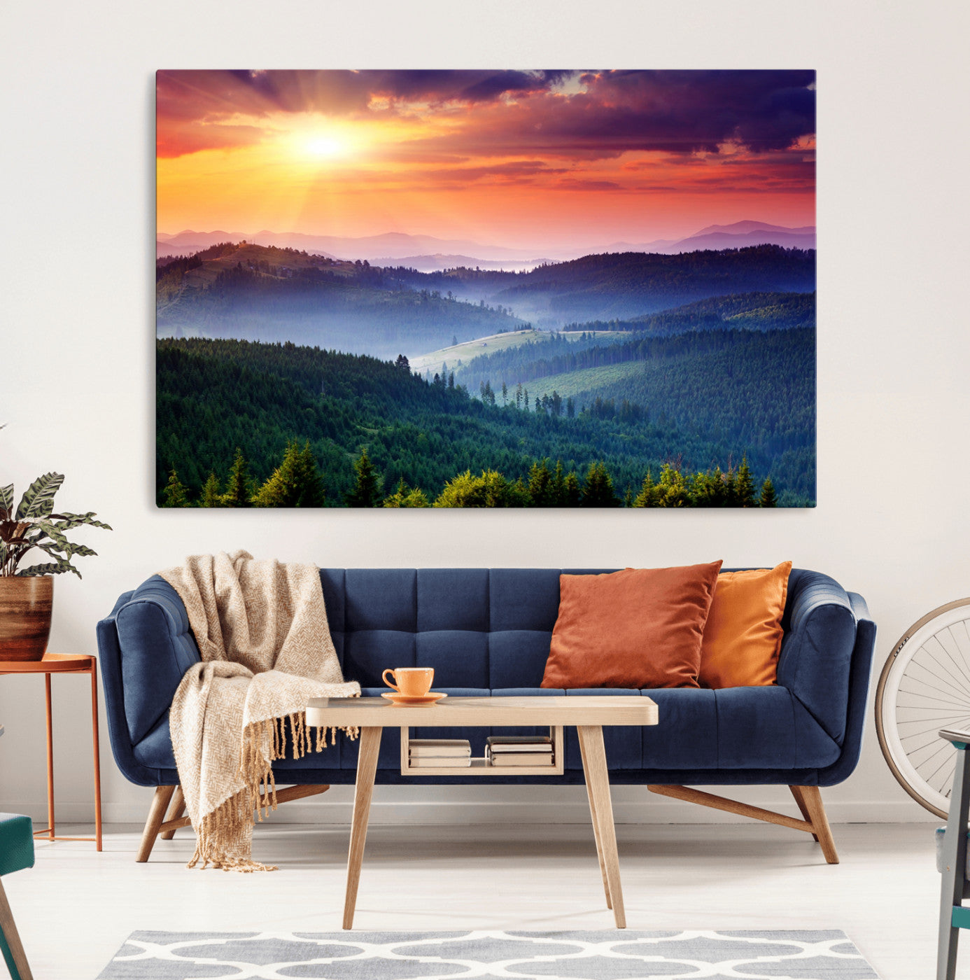 86411-MGV-CV-36X24-Beautiful Sunset over Hills Forest Landscape Canvas Wall Art Print