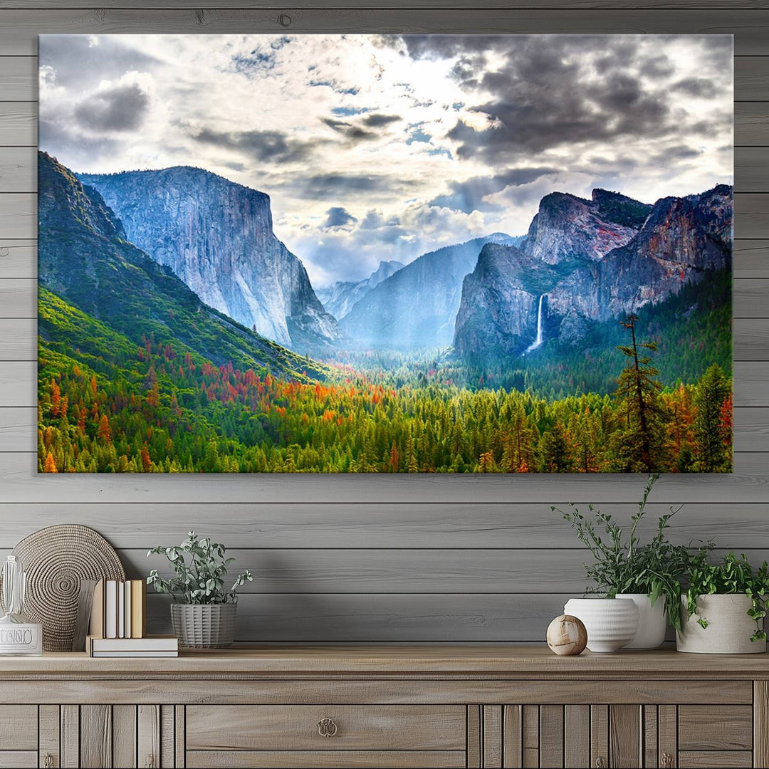 The Yosemite Park Half Dome 3 Panel Canvas Print beautifully captures the enchanting beauty of national parks with its vibrant mountain and forest scene. This large giclée landscape wall art is perfect for living rooms, offices, or bedrooms and comes ready to hang.