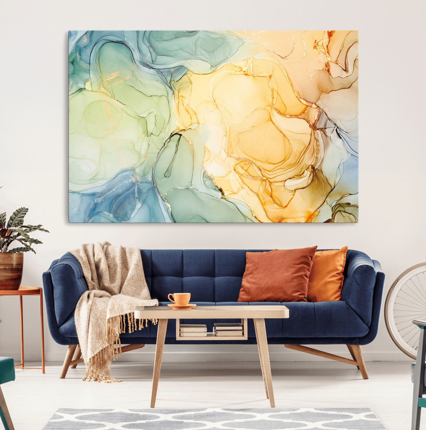 -Green and Yellow Marble Fluid Effect Wall Art, Green and Yellow Marble Canvas Wall Art Print