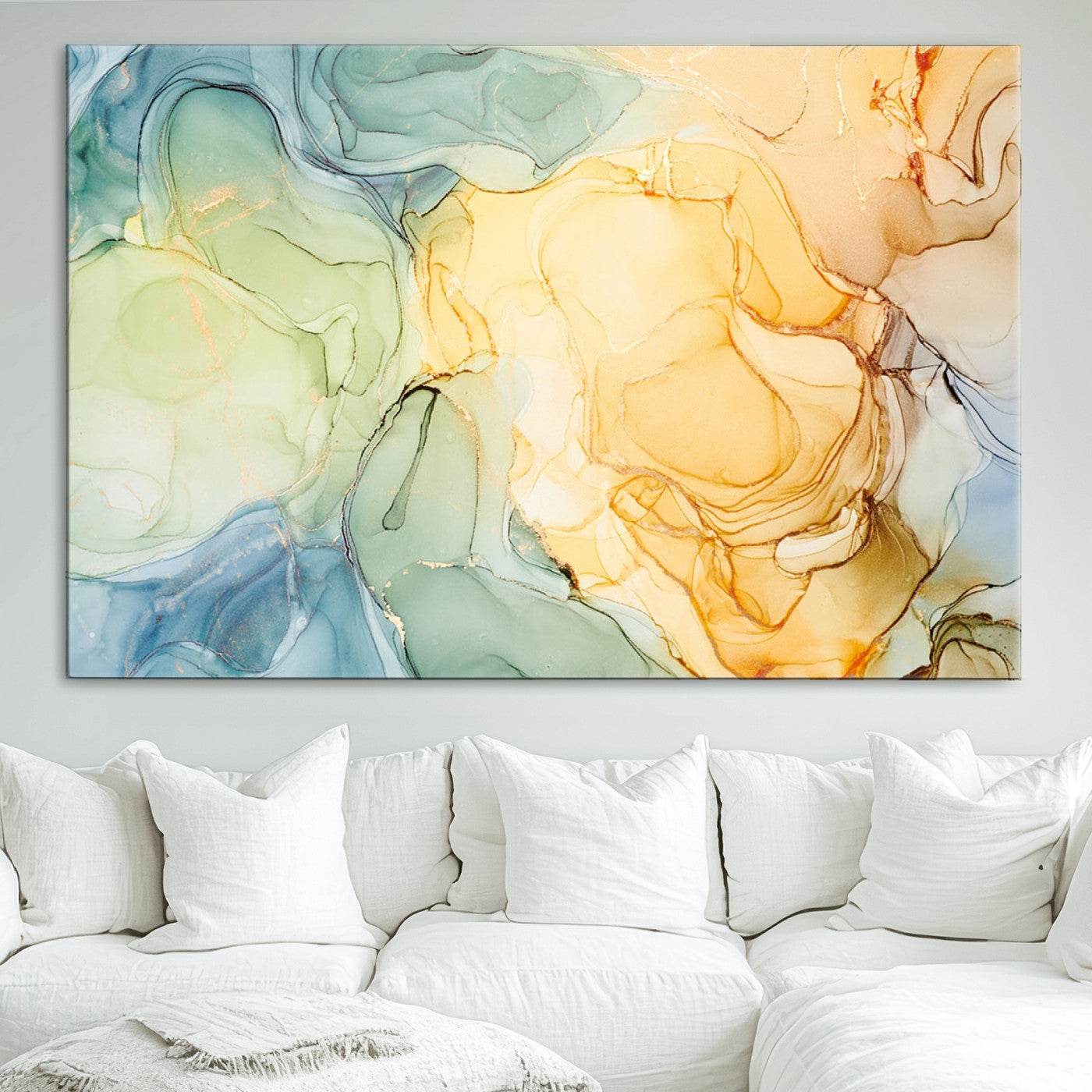 42195-MGV-CV-36X24-Green and Yellow Marble Fluid Effect Wall Art, Green and Yellow Marble Canvas Wall Art Print