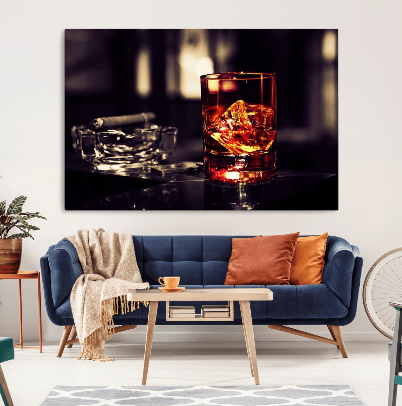 MGV-CV-36X24 - Whiskey and Cigar Canvas – Luxurious Wall Art for Home or Bar – Glass and Cigar Scene Print Canvas