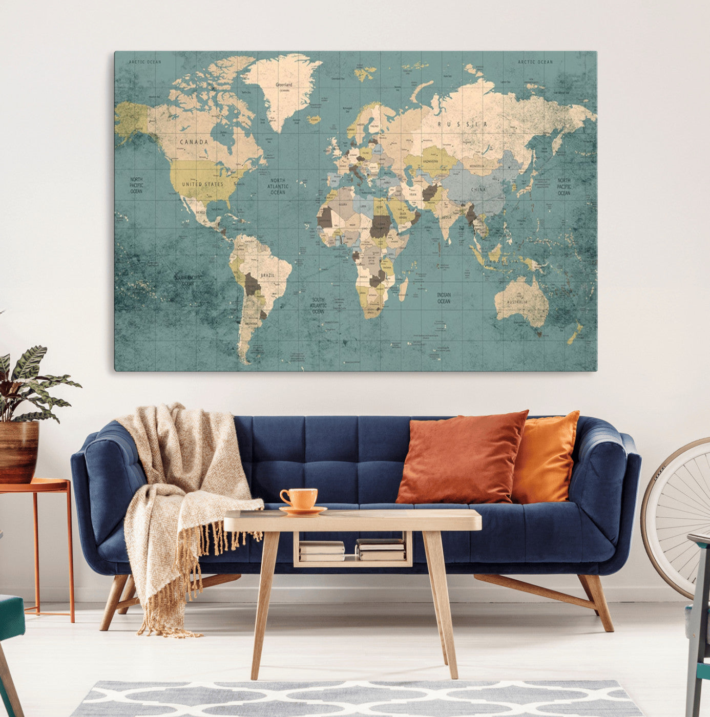 54872-MGV-CV-36X24-Classic World Map Canvas Print – Framed Vintage Map Wall Art, Retro Atlas Design for Rustic Explorer or Study Room Decor