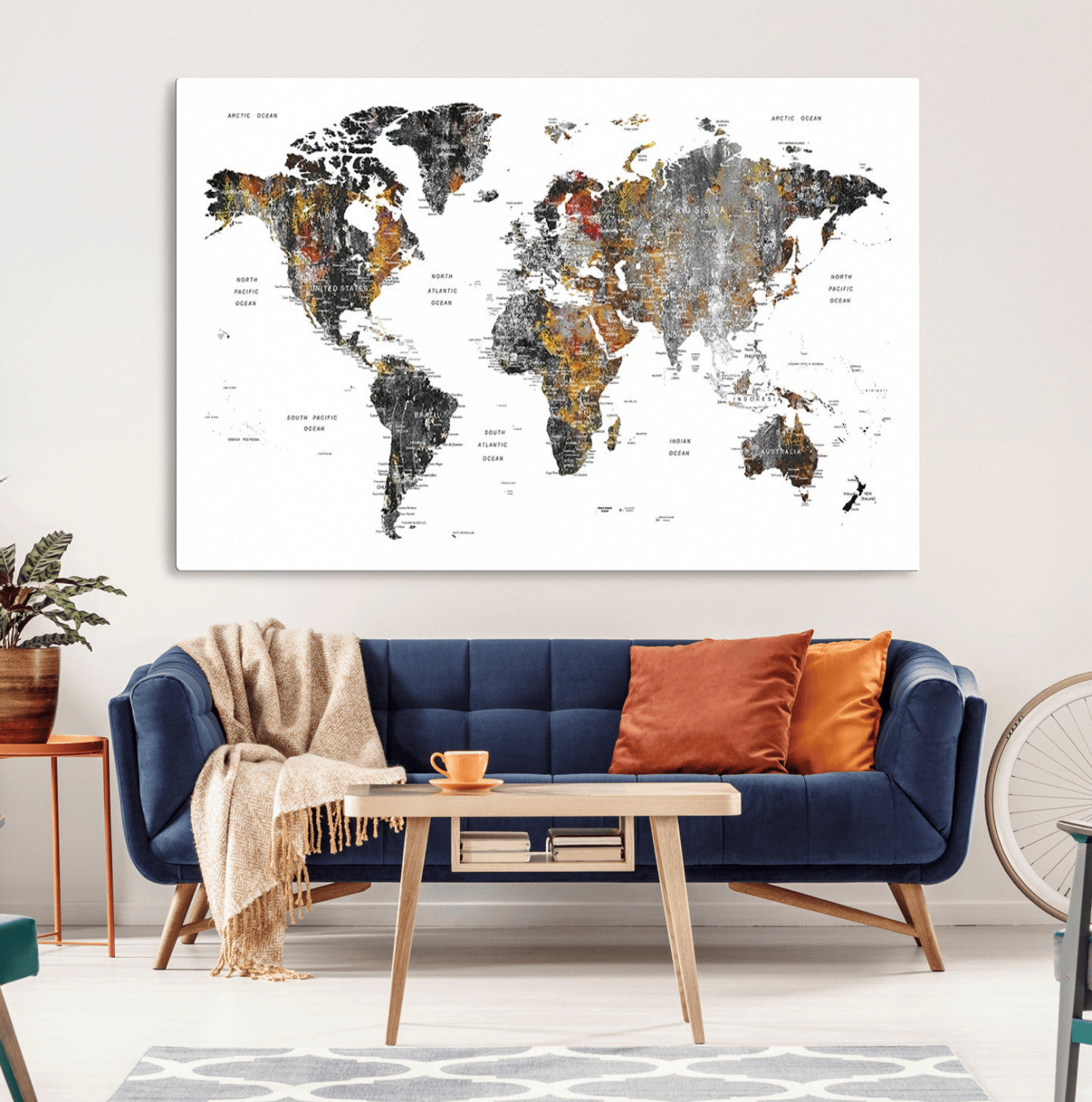 67481-MGV-CV-36X24-Modern Metallic World Map Canvas Wall Art – Framed Contemporary World Map Print, Stylish Travel Inspired Decor for Home and Office Walls