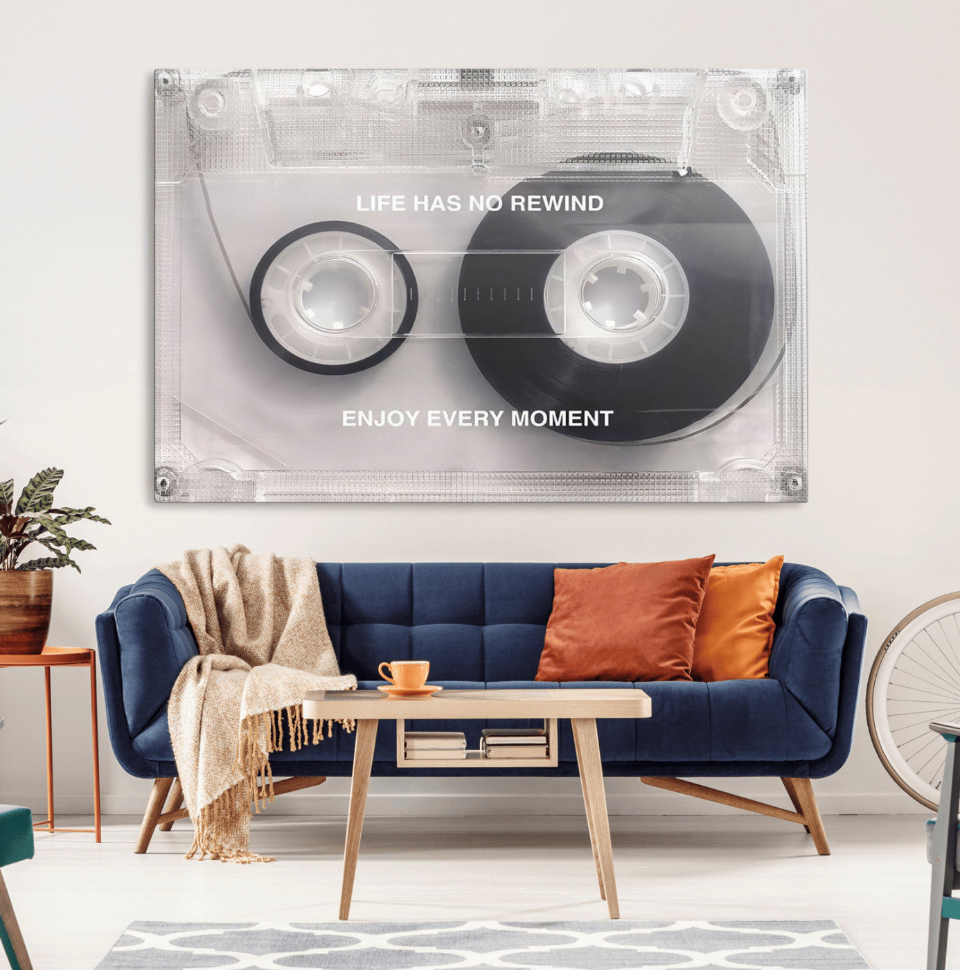 MGV-CV-36X24 - Vintage Cassette Tape Canvas Wall Art - Inspirational 'Life Has No Rewind' Quote, Retro Music Decor