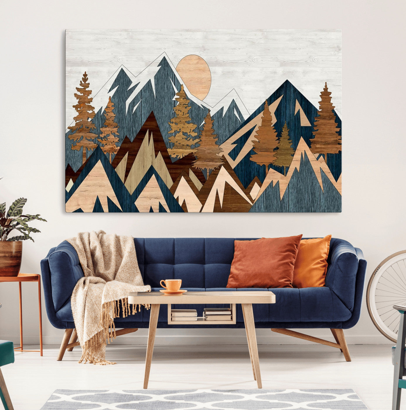 91467-MGV-CV-36X24-Abstract Wood Panel Effect Mountain Range Top Wall Art Canvas Print