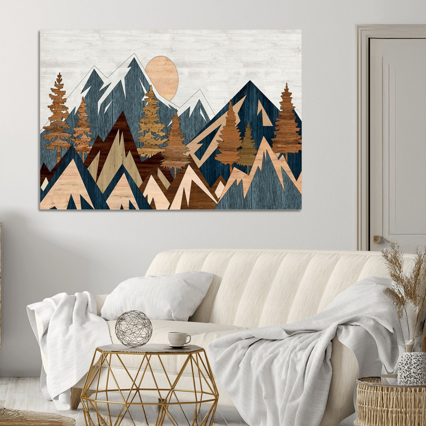 91467-MGV-CV-36X24-Abstract Wood Panel Effect Mountain Range Top Wall Art Canvas Print