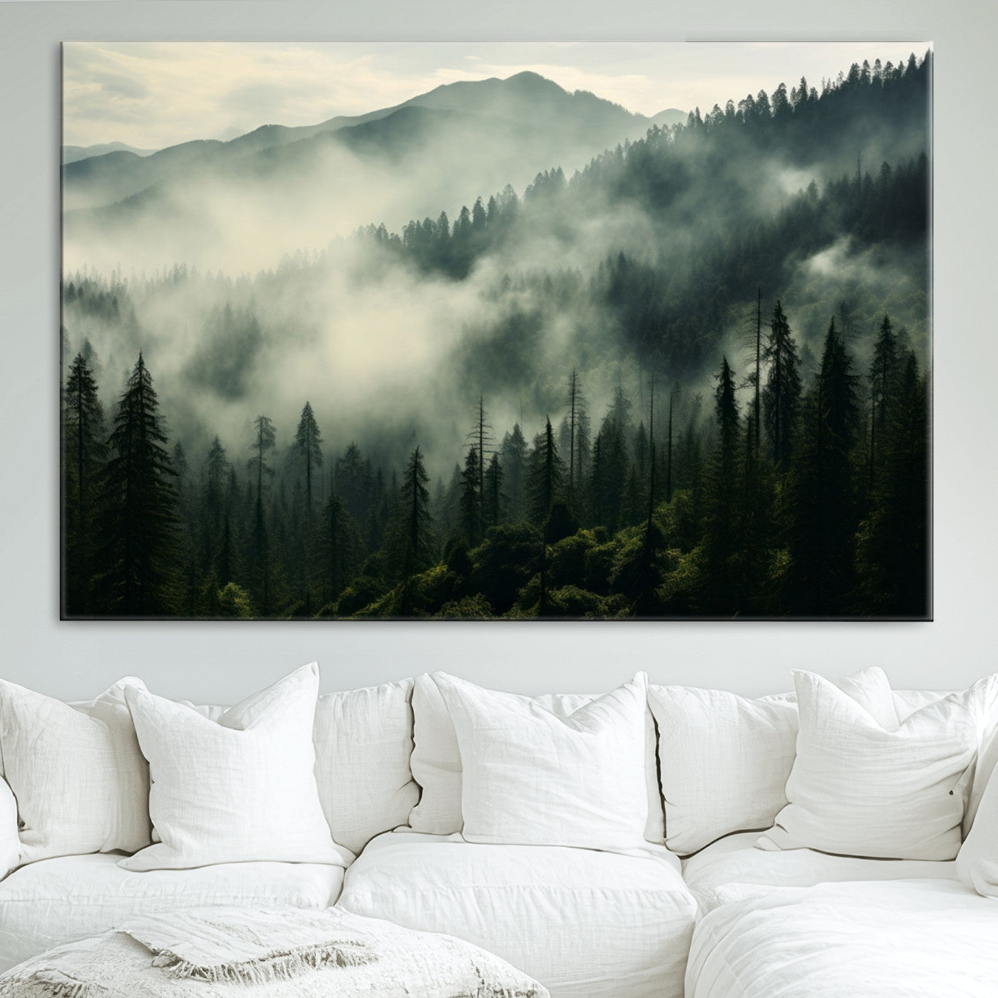 25295-MGV-CV-36X24-Captivating Misty Forest Wall Art Premium Canvas Print a Foggy and Serene Atmosphere