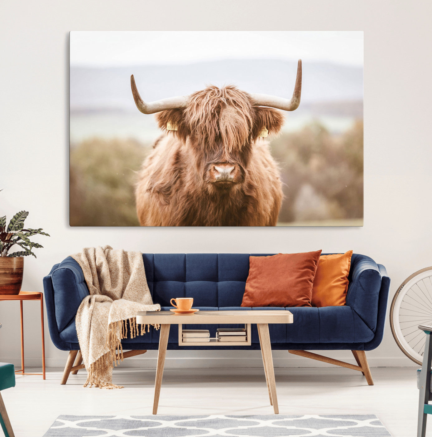 MGV-CV-36X24 - Scottish Serene Highland Cow Canvas Wall Art – Serene Highland Cow in Natural Pastel Tones – Ready