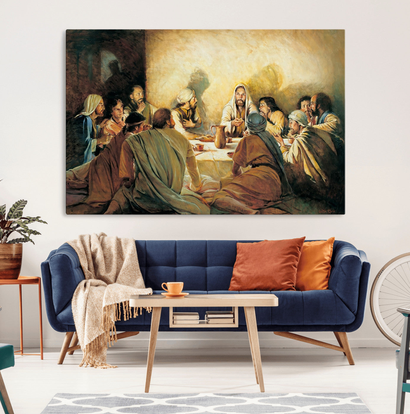 Framed canvas print of the Last Supper, depicting Jesus and his disciples, perfect for religious or Christian-themed home decor.