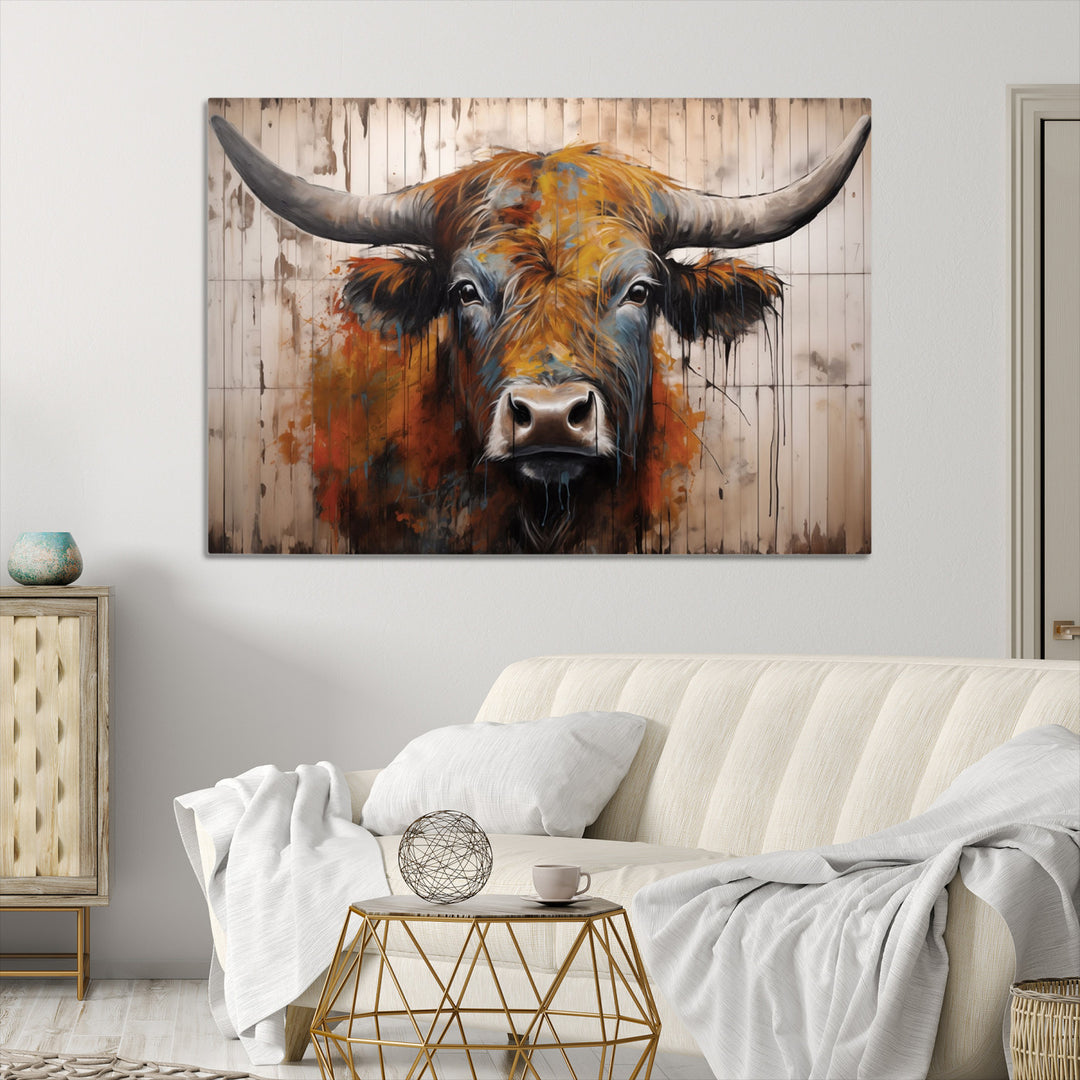 Scottish Highland Cow Cattle Art Print on Wood Style Background