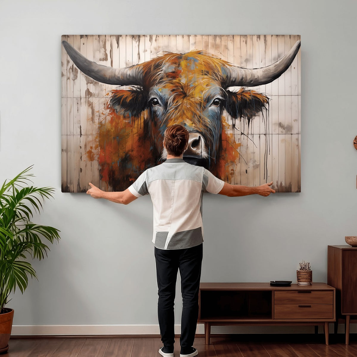 47284-MGV-CV-24X16 - Abstract Bull Highland Cow Canvas Wall Art Print