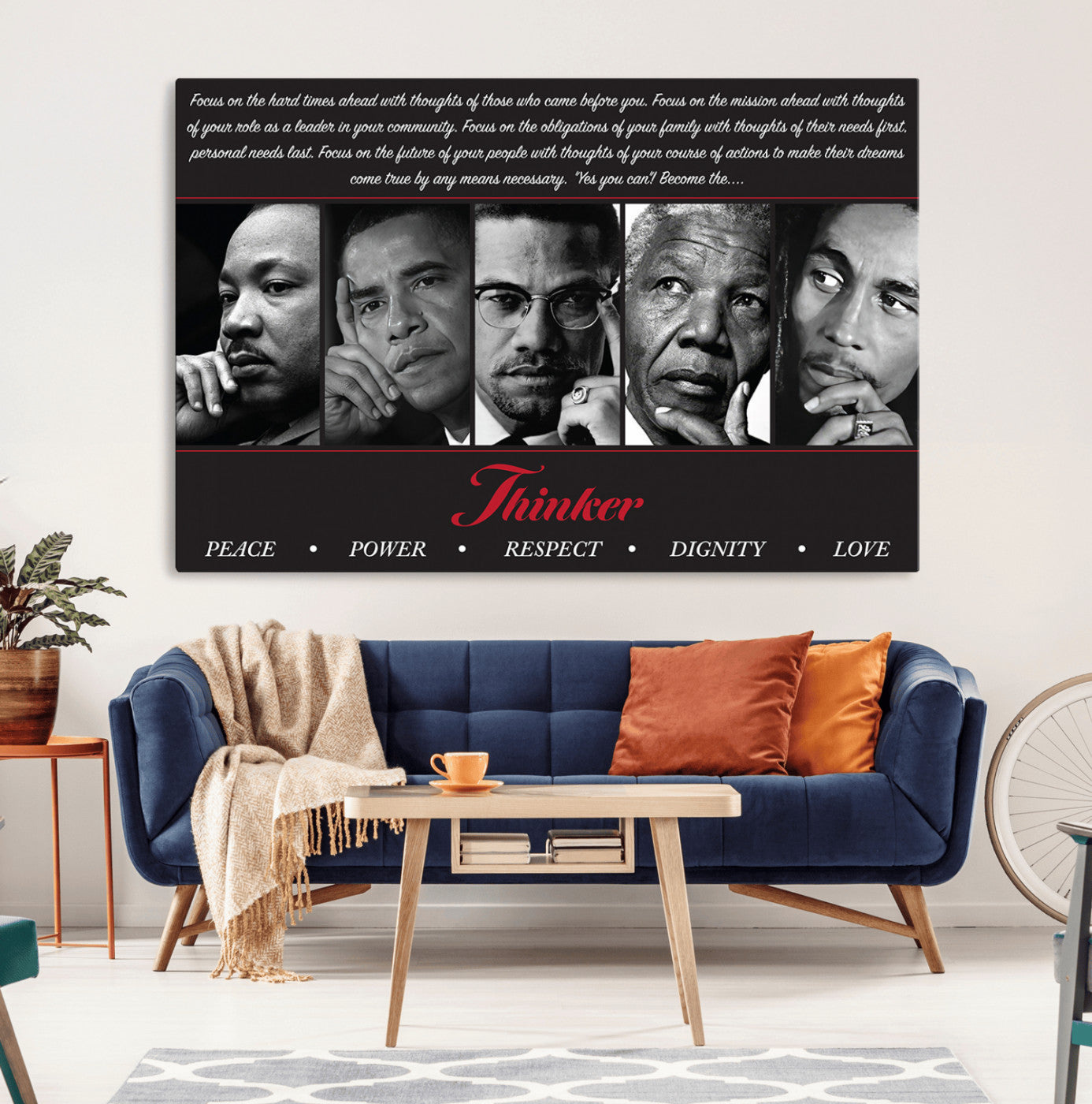 45112-MGV-CV-36X24-Thinker Quintet Canvas Wall Art – Martin, Obama, Malcolm X, Mandela, Marley Featuring Peace, Power,