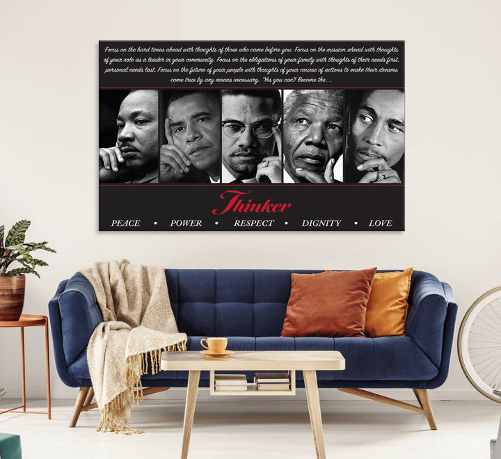 The Thinker Quintet Canvas Wall Art features portraits of Martin, Obama, Malcolm X, Mandela, and Marley, each representing virtues such as Peace and Power.