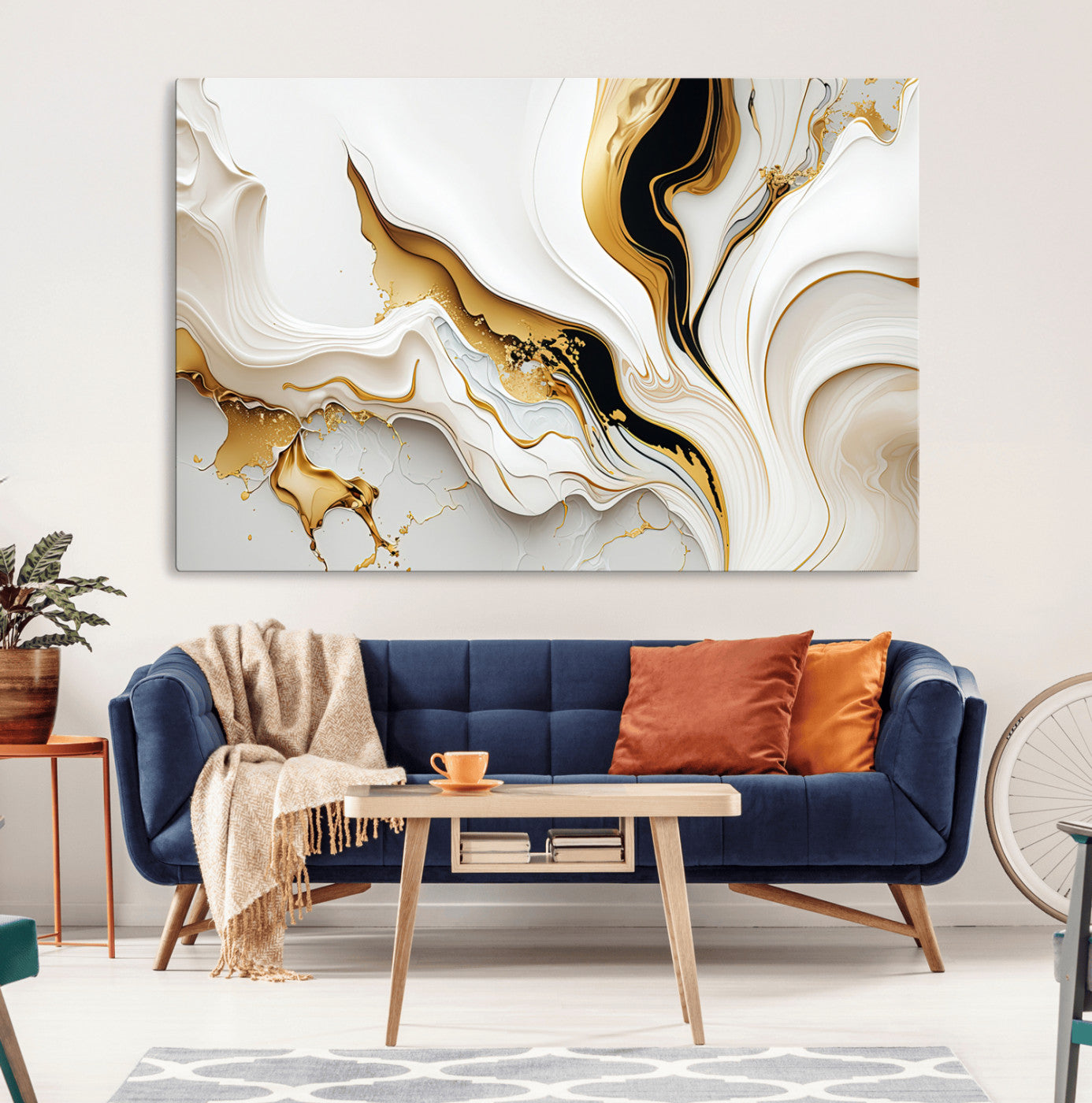 -Gold Waves on Pure White Canvas – Gold Abstract Art for Modern Interiors | Wall Art Canvas, Framed &