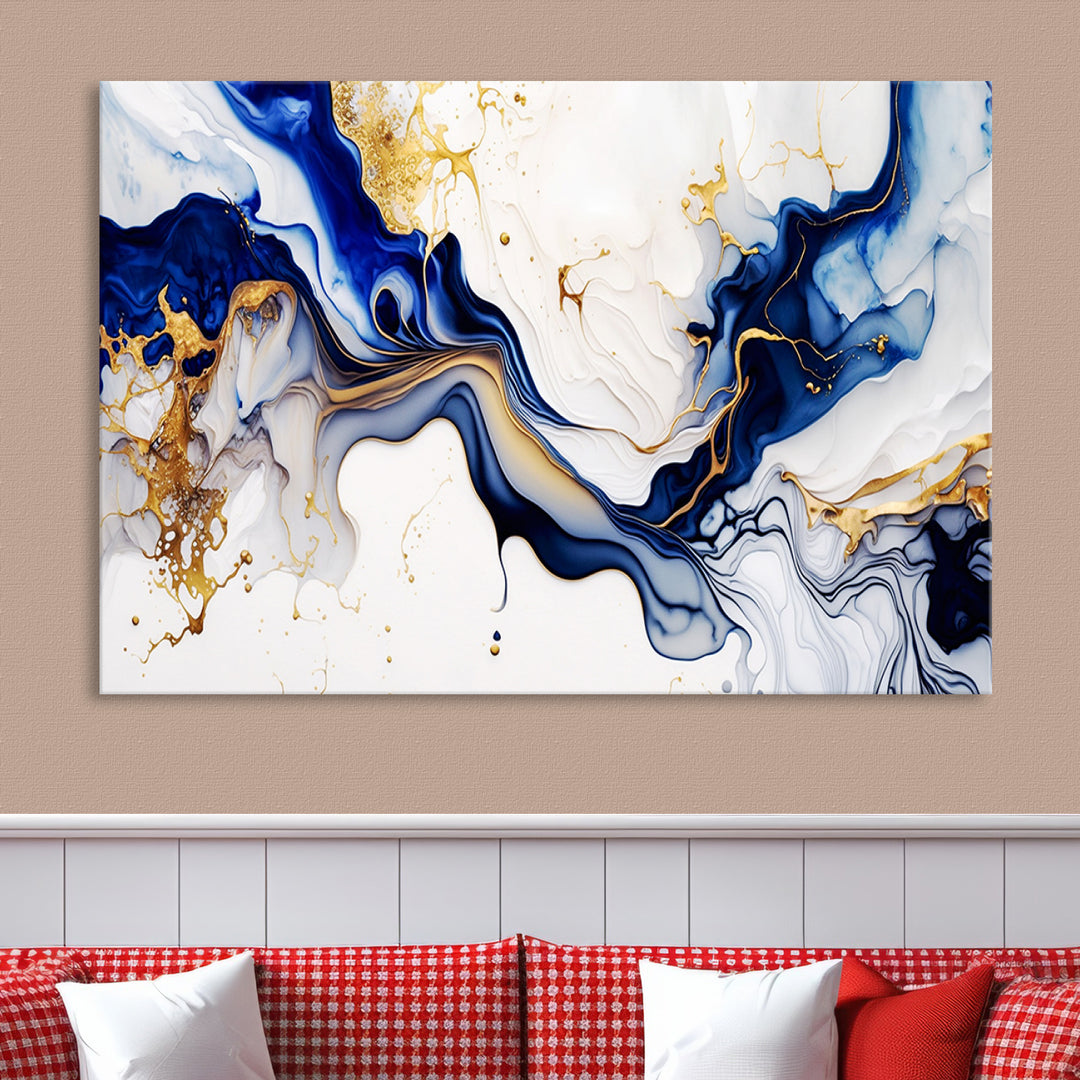 Golden Cascades on Midnight Blue wall art swirls above, featuring gold and white accents.