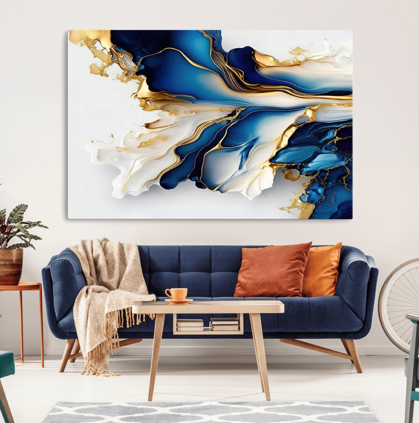 MGV-CV-36X24 - Gold Marble Art - Abstract Geode Gold And Blue Marble Shape 3 Pieces Wall Art Canvas Print