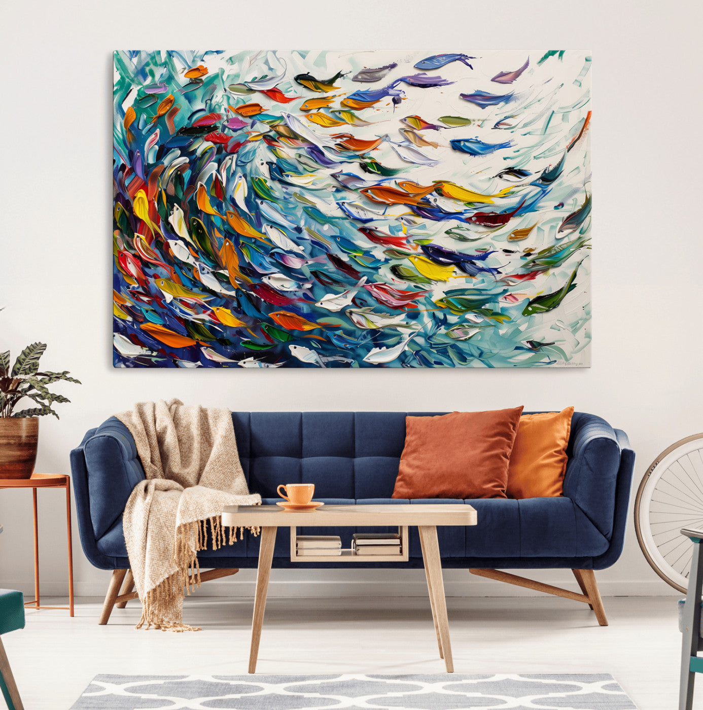 80105-MGV-CV-36X24-Modern Abstract Fish Shoal Wall Art Canvas Print, Colorful Fish Herd Painting on Canvas Print, Ocean