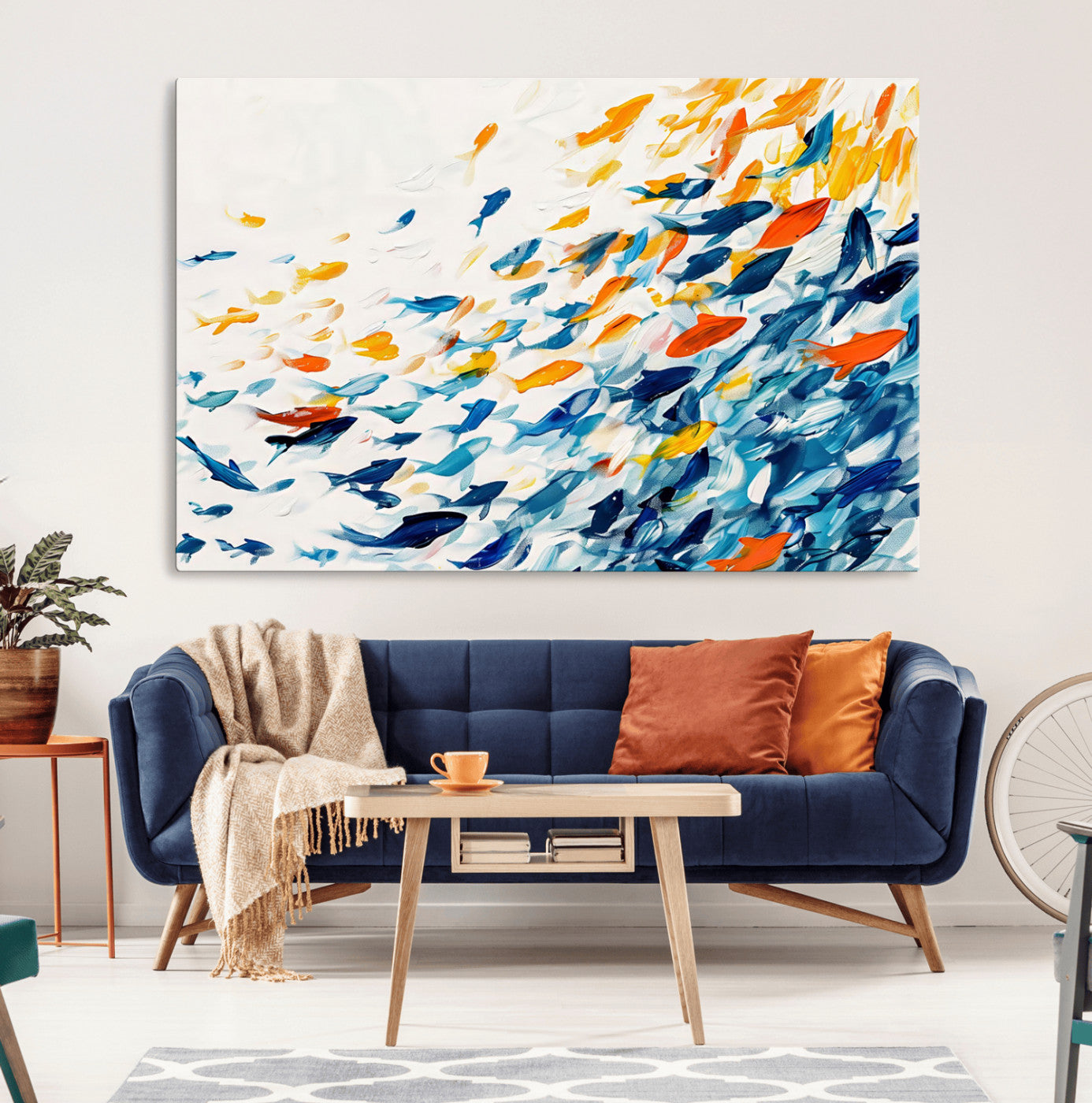 84837-MGV-CV-36X24-Abstract Fish Shoal Wall Art Canvas Print, Colorful Fish Herd Painting on Canvas Print, Ocean Animal