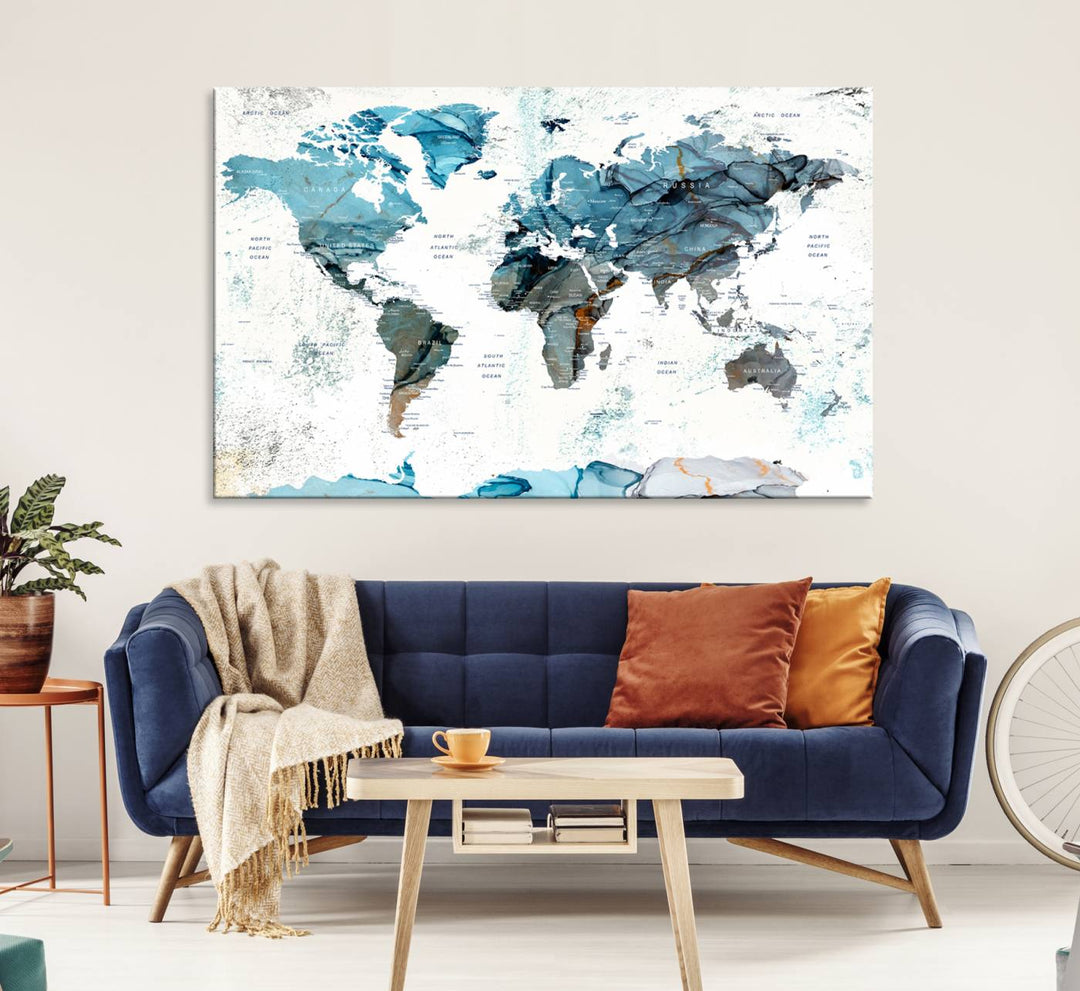 Push Pin World Map Wall Art Canvas Print adds a touch of elegance to the home decor.